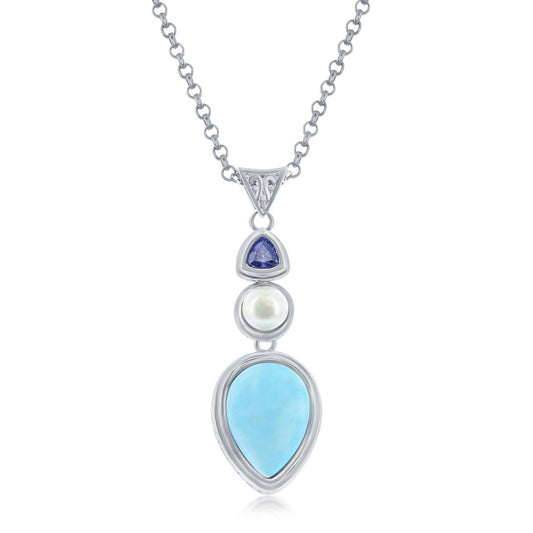 Sterling Silver Pearshaped Larimar with FWP and Tanzanite CZ Pendant