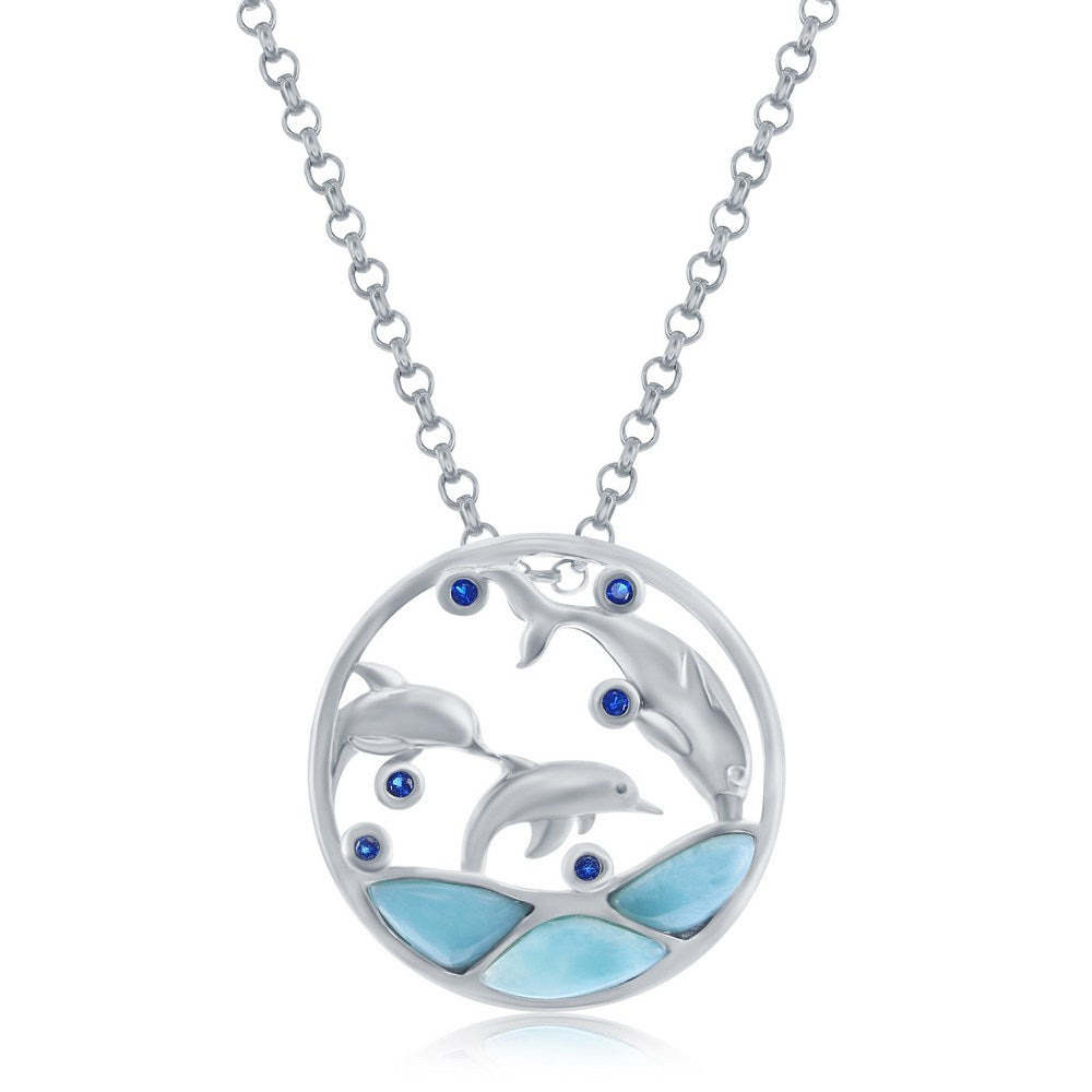 Sterling Silver Larimar & CZ Diving Dolphins Round Pendant