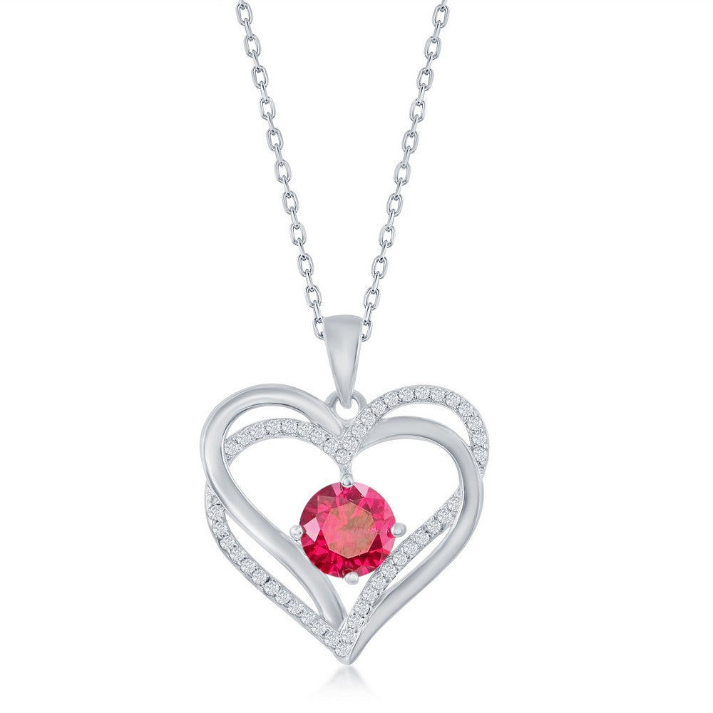 Sterling Silver Double Heart "July" Birthstone CZ Pendant w/Chain  - Ruby CZ