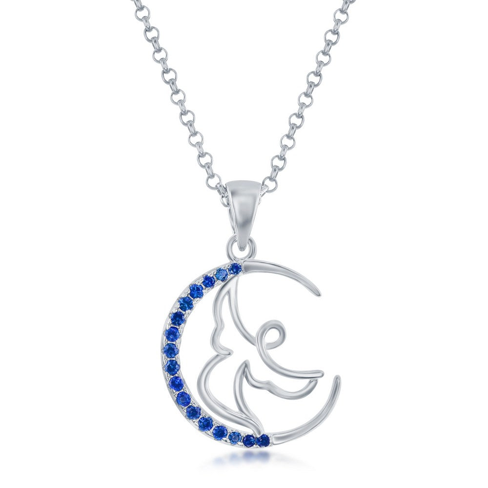 Sterling Silver Angel Crescent Moon Pendant - Sapphire CZ