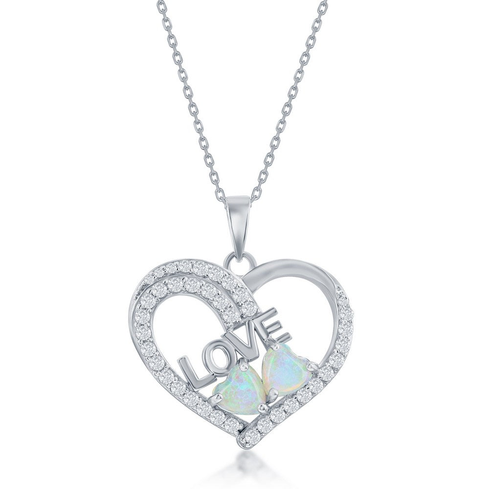 Sterling Silver White Opal & CZ, Heart & 'Love' Pendant