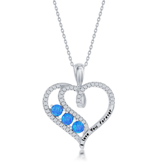 Sterling Silver 'I Love You Forever' CZ Heart Pendant - Blue Opal