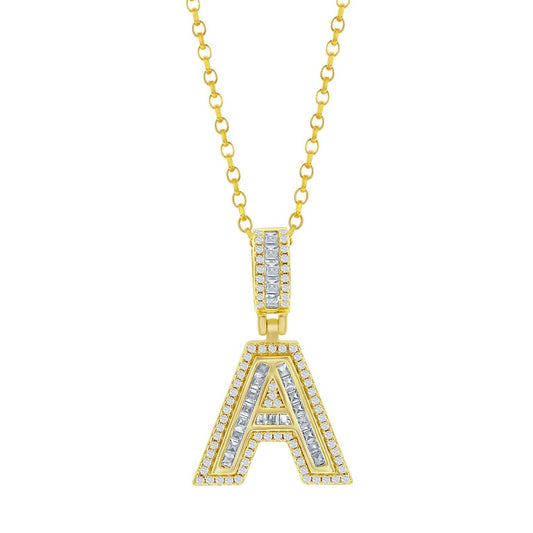 Sterling Silver 'A' Baguette CZ Initial Pendant w/Chain - Gold Plated