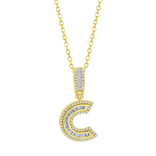 Sterling Silver 'C' Baguette CZ Initial Pendant w/Chain - Gold Plated