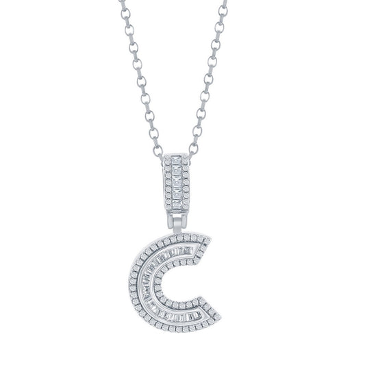 Sterling Silver 'C' Baguette CZ Initial Pendant w/Chain