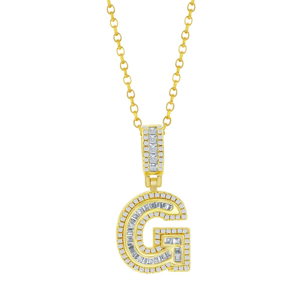 Sterling Silver 'G' Baguette CZ Initial Pendant w/Chain - Gold Plated