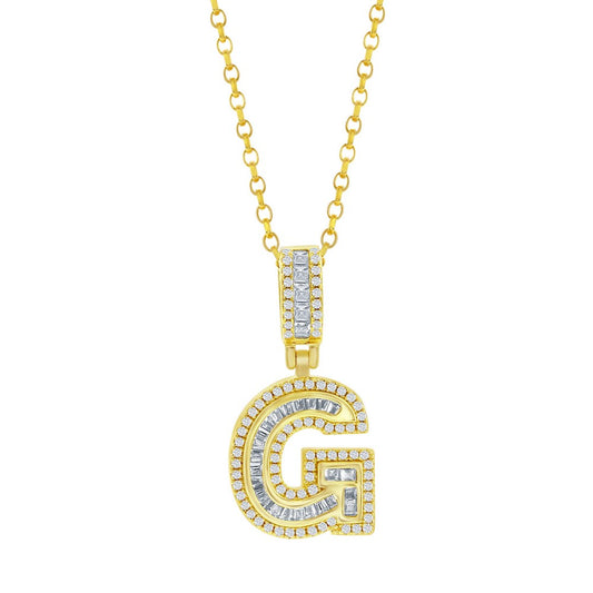 Sterling Silver 'G' Baguette CZ Initial Pendant w/Chain - Gold Plated