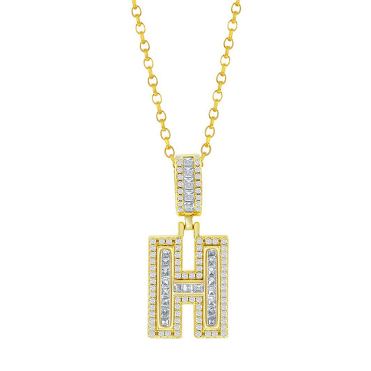 Sterling Silver 'H' Baguette CZ Initial Pendant w/Chain - Gold Plated