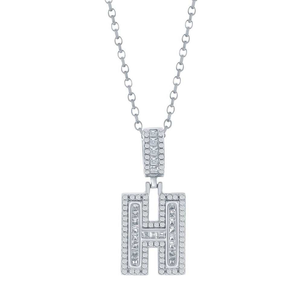 Sterling Silver 'H' Baguette CZ Initial Pendant w/Chain