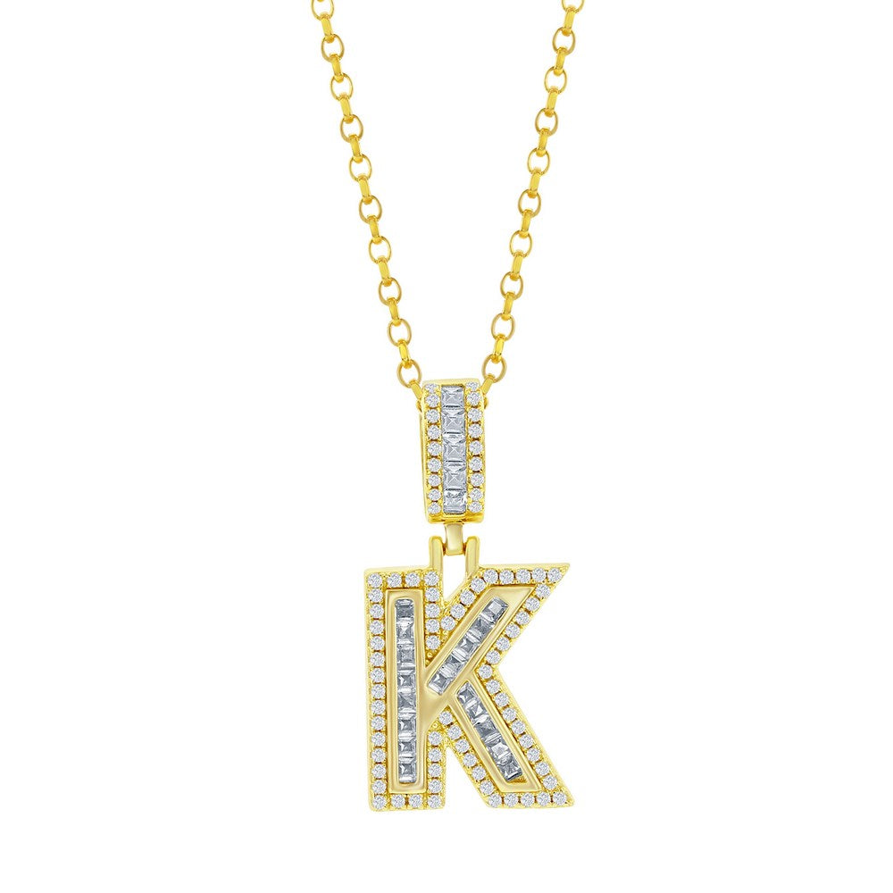 Sterling Silver 'K' Baguette CZ Initial Pendant w/Chain- Gold Plated