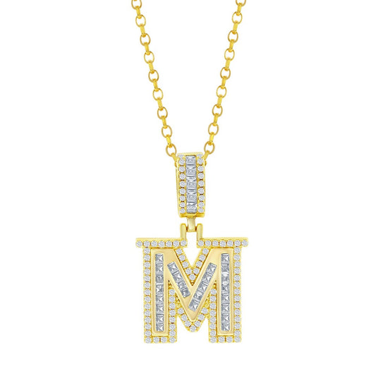 Sterling Silver 'M' Baguette CZ Initial Pendant w/Chain - Gold Plated