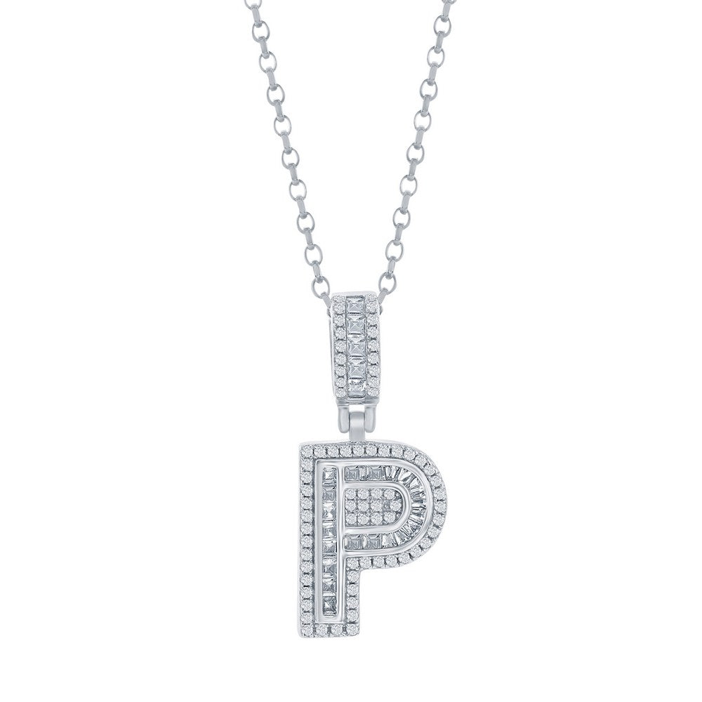 Sterling Silver 'P' Baguette CZ Initial Pendant w/Chain