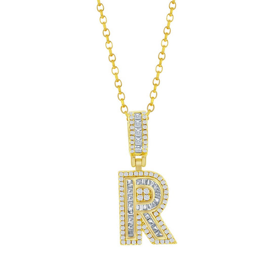 Sterling Silver 'R' Baguette CZ Initial Pendant w/Chain - Gold Plated