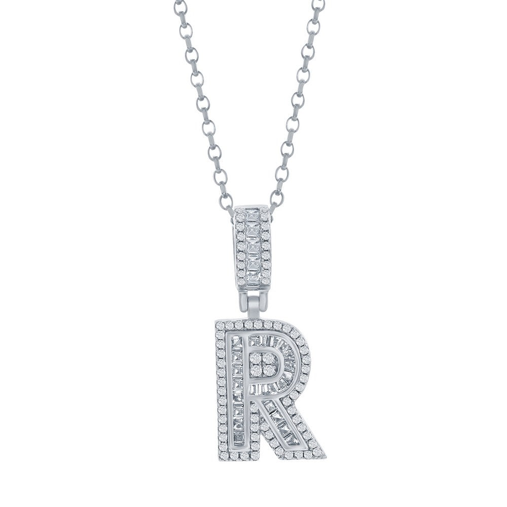 Sterling Silver 'R' Baguette CZ Initial Pendant w/Chain