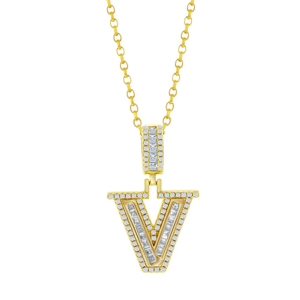 Sterling Silver 'V' Baguette CZ Initial Pendant w/Chain - Gold Plated