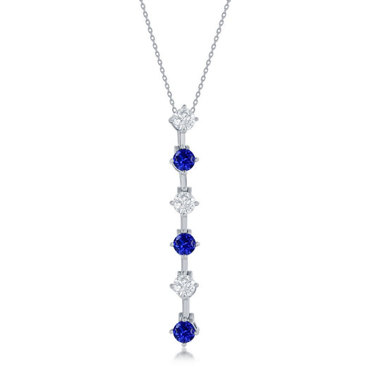 Sterling Silver Round White & Sapphire CZ Long Pendant