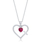 Sterling Silver CZ Cross & Heart Pendant - Ruby CZ