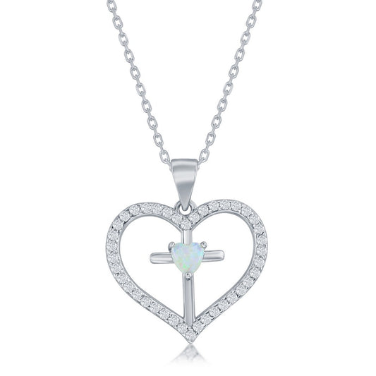 Sterling Silver CZ Cross Heart Pendant - White Opal