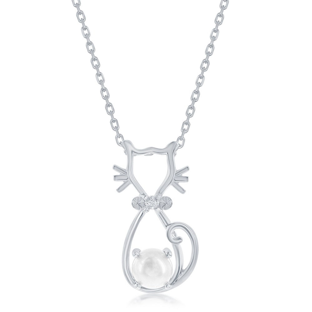 Sterling Silver Pearl & CZ Cat Pendant