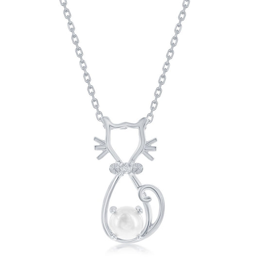 Sterling Silver Pearl & CZ Cat Pendant