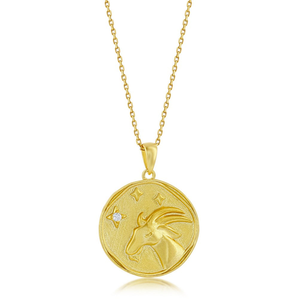 Sterling Silver  'CAPRICORN' CZ Zodiac Circle Pendant w/Chain - Gold Plated