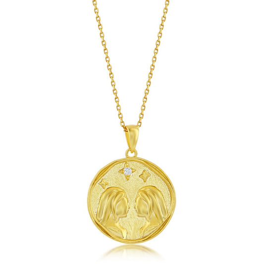 Sterling Silver 'GEMINI' CZ Zodiac Circle Pendant w/Chain - Gold Plated