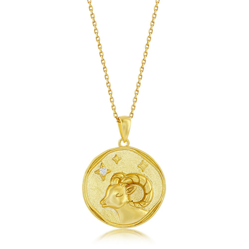 Sterling Silver 'ARIES' CZ Zodiac Circle Pendant w/Chain - Gold Plated