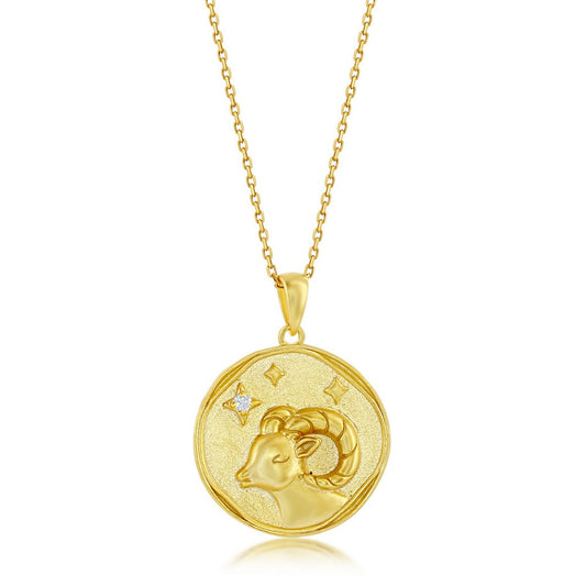 Sterling Silver 'ARIES' CZ Zodiac Circle Pendant w/Chain - Gold Plated