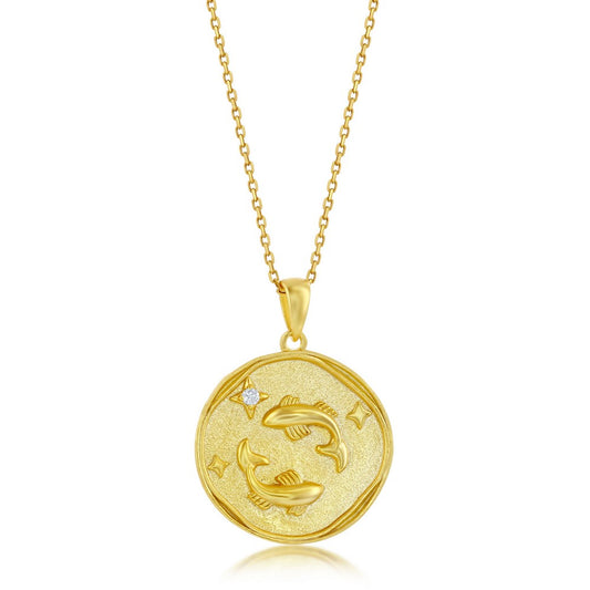 Sterling Silver 'PISCES' CZ Zodiac Circle Pendant w/Chain - Gold Plated