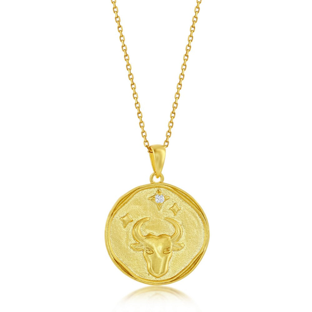 Sterling Silver 'TAURUS' CZ Zodiac Circle Pendant w/Chain - Gold Plated