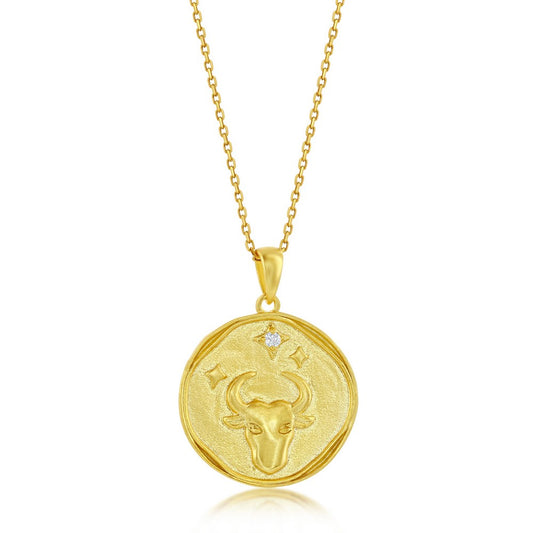 Sterling Silver 'TAURUS' CZ Zodiac Circle Pendant w/Chain - Gold Plated