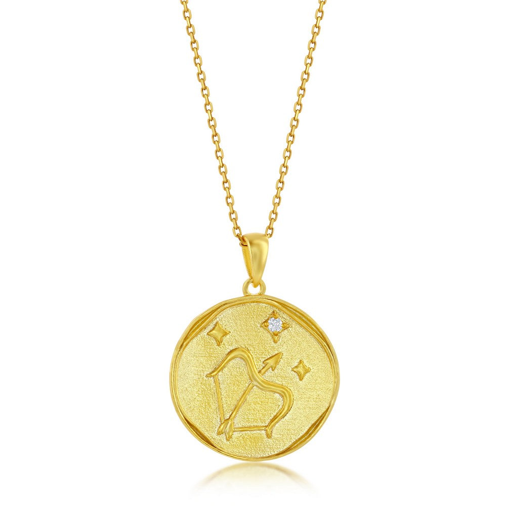 Sterling Silver 'SAGITTARIUS' CZ Zodiac Circle Pendant w/Chain - Gold Plated