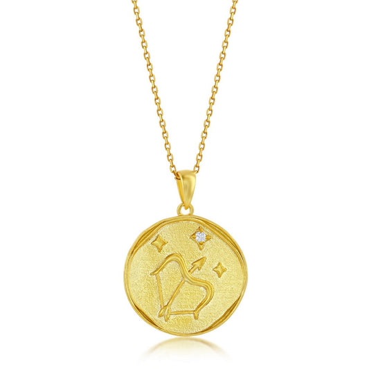 Sterling Silver 'SAGITTARIUS' CZ Zodiac Circle Pendant w/Chain - Gold Plated