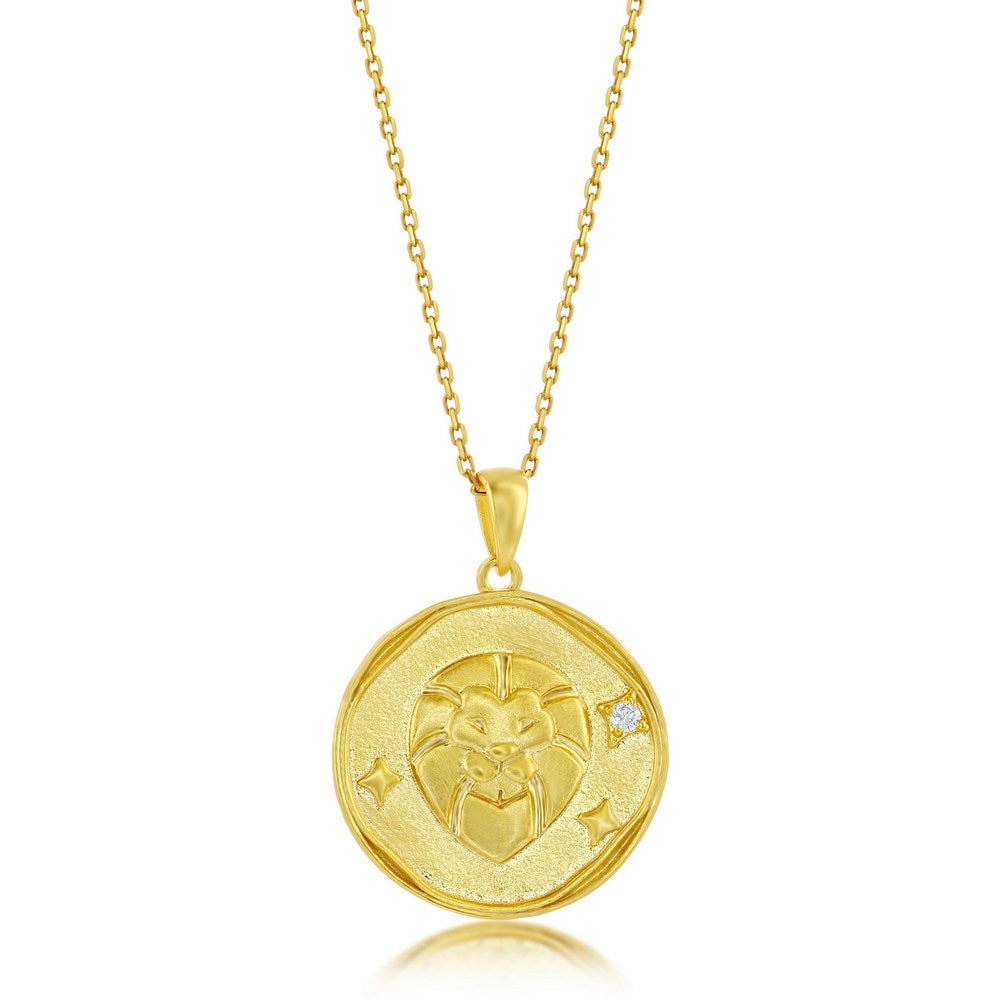 Sterling Silver 'LEO' CZ Zodiac Circle Pendant w/Chain - Gold Plated