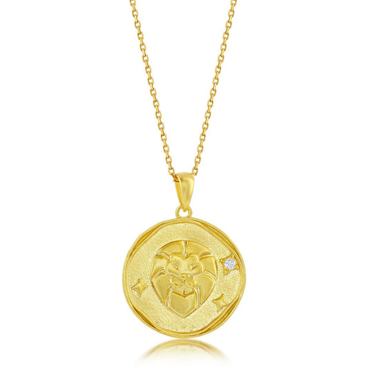 Sterling Silver 'LEO' CZ Zodiac Circle Pendant w/Chain - Gold Plated