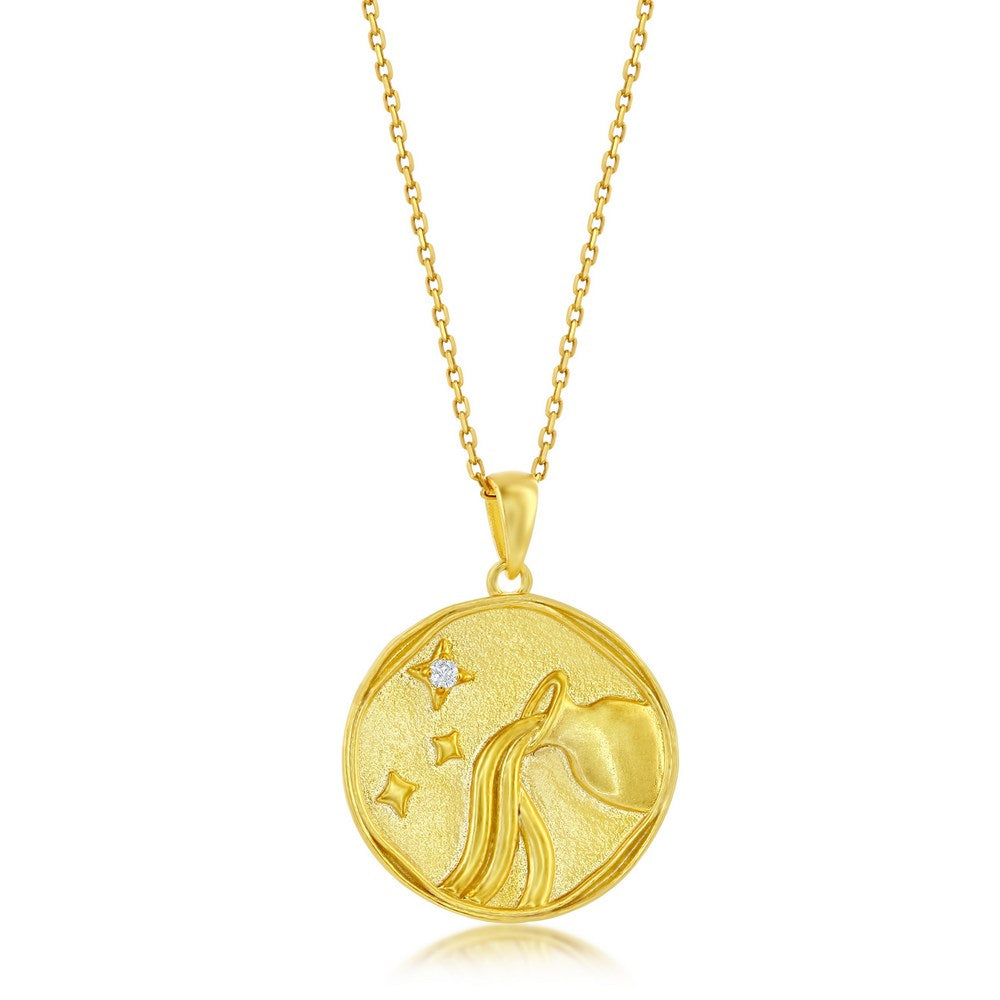 Sterling Silver 'AQUARIUS' CZ Zodiac Circle Pendant w/Chain - Gold Plated