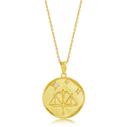 Sterling Silver 'LIBRA' CZ Zodiac Circle Pendant w/Chain - Gold Plated