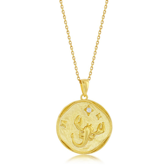 Sterling Silver 'SCORPIO' CZ Zodiac Circle Pendant w/Chain - Gold Plated