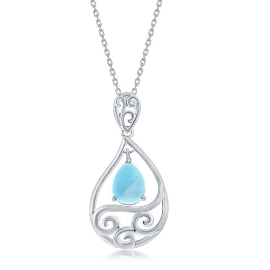 Sterling Silver Dangling Pearshaped Larimar and Waves Pendant