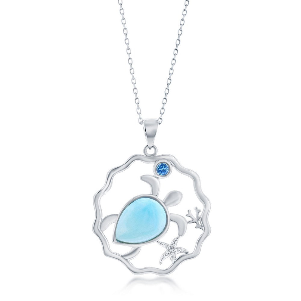 Sterling Silver Larimar Turtle & Small Blue CZ Pendant