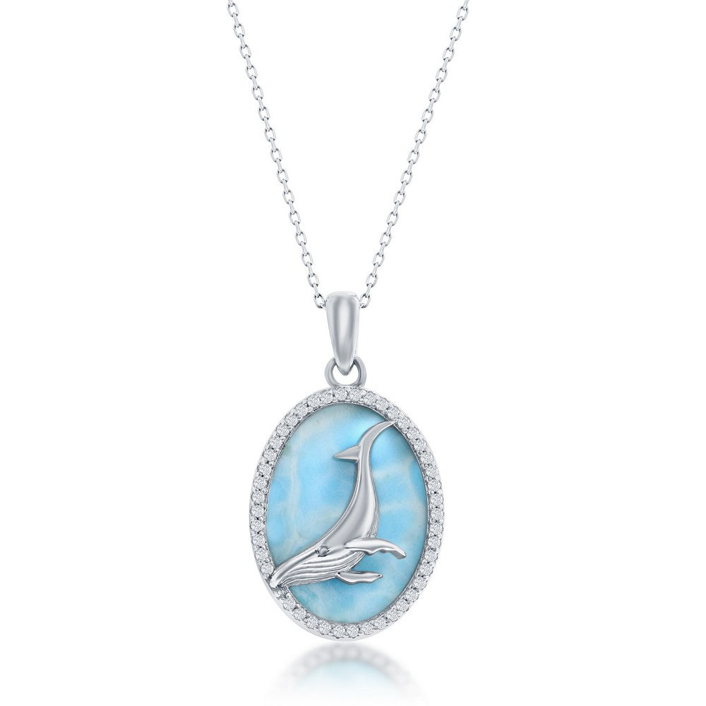 Sterling Silver Larimar w/ Center Whale and CZ Outline Oval Pendant