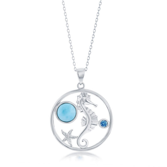 Sterling Silver Seahorse, Round Larimar & Blue CZ Pendant