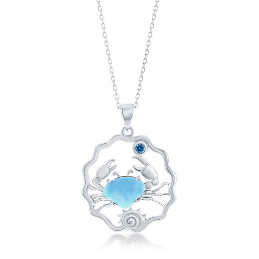 Sterling Silver Larimar Crab & Blue CZ Pendant