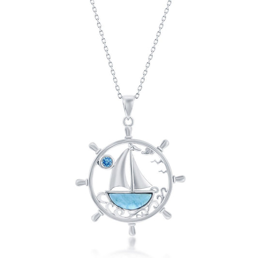 Sterling Silver, Ship Wheel, Larimar Sailboat & Blue CZ Pendant