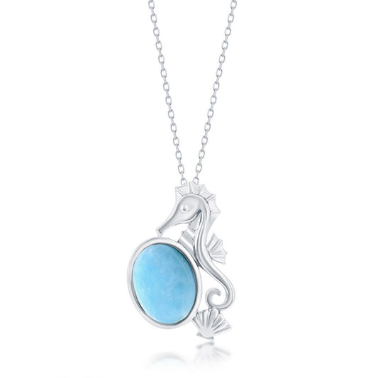 Sterling Silver Seahorse, Seashell & Oval Larimar Pendant