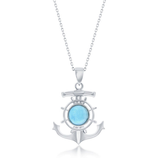 Sterling Silver Round Larimar Anchor Ship Wheel Pendant