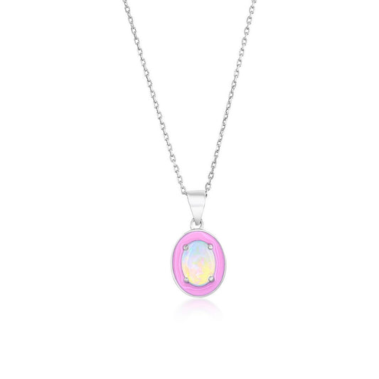 Sterling Silver White Opal & Pink Enamel Oval Pendant
