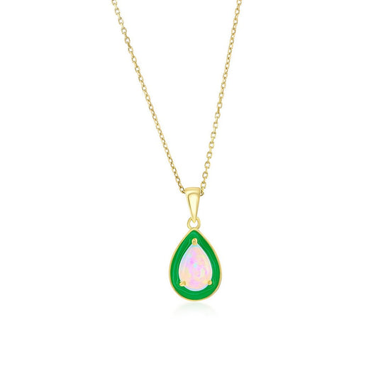 Sterling Silver White Opal & Green Enamel Pearshaped Pendant - Gold Plated