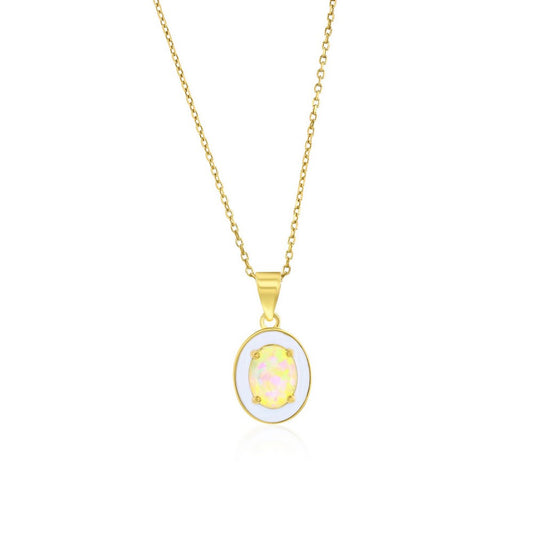 Sterling Silver White Opal & Enamel Oval Pendant - Gold Plated