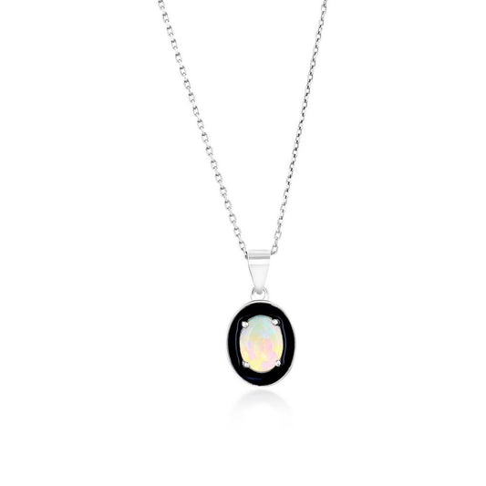 Sterling Silver White Opal & Black Enamel Oval Pendant